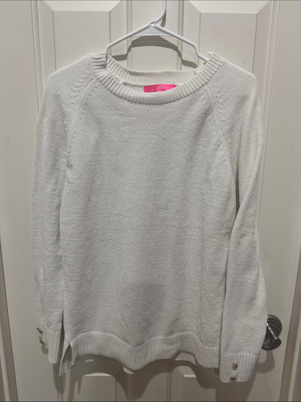 Lilly Pulitzer White Crewneck Sweater with Whimsy Button Cuffs